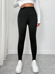 SHEIN Essnce 女士纯色高腰修身打底裤，休闲度假和外出 - 黑色 - 查看 4