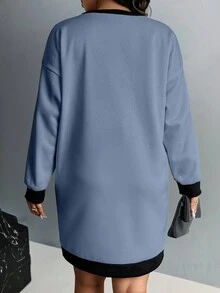 Calvaya Đầm nỉ rộng rãi họa tiết hoa lưới thường ngày cỡ lớn cho nữ, mùa xuân/thu - Màu xanh bụi bặm - Xem 2