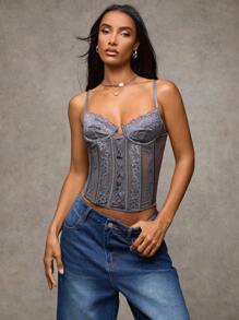 SHEIN BAE Damen graue sexy Spitzen-Korsage-Oberteil, Konzert-Outfits, Damen vielseitiges Spaghettiträger-Camisole mit hoher Spitze für die Straße, geeignet für Dates, Nachtausflüge, Rave-Partys, Geburtstagsfeiern, Party-Outfits, Ausgehen, Weihnachtsoutfits - Grau - Übersicht 6