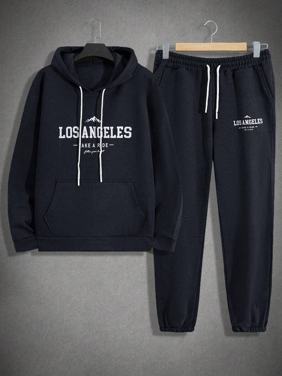 EURMUSE Cotton Men Letter Printed Regular Hoodie Set - Navy Blue - View 1