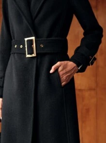 MOTF PREMIUM Manteau long ceinturé avec col châle en laine, poches en biais et boucle - Noir - Voir 5