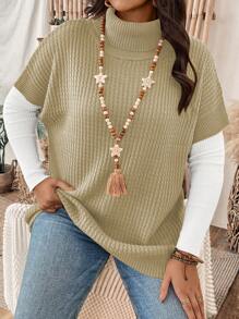 SHEIN LUNE Plus Size Solid Color Turtleneck Batwing Sleeve Knit Top, Casual For Autumn/Winter - Khaki - View 3
