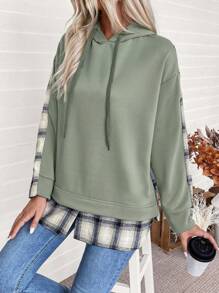 SHEIN LUNE Áo nỉ rộng rãi có mũ trùm đầu 2 trong 1, áo nỉ dệt kim xẻ vạt phối họa tiết kẻ caro tương phản, chất liệu ấm áp và thoải mái, phối nhiều chất liệu, phong cách thường ngày, thể thao, đi làm, áo nỉ nữ dáng rộng mùa thu - xanh quân đội - Xem 6