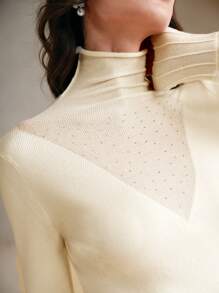 Anewsta Ladies Elegant Rhinestone Splice Mermaid High Collar Fitted Long Dress - Beige - View 2