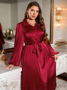 SHEIN Essnce Plus Size Women's Spring And Summer Fall Women Dresses Christmas Women Clothes Party Women Dresses Formal Women Dresses Formal Dress Christmas Women Dress New Year Eve Dress Red Christmas Dress Christmas Dress Business Casual Women Elegant Women Dresses Holiday Dress Thanksgiving Dress Thanksgiving Outfit Christmas Party Dress Fashionable And Elegant Party Satin Long Shirt Dress, Pocket Dress, Burgundy Dress Women Blouses Dress