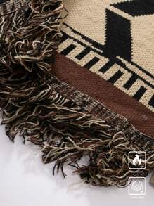 PAVTROS 男式全图案印花流苏装饰休闲针织开衫 - 杏色 - 查看 5