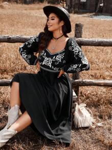 SHEIN VCAY Plus Size Casual Floral Print Sweetheart Neck Dress, Suitable For Autumn Everyday Wear - Black - View 4