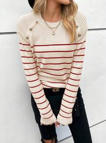 SHEIN Frenchy Striped Pattern Button Detail Drop Shoulder Sweater Casual Style - Apricot - View 1