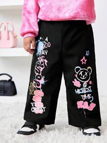 SHEIN Babygirl Autumn/Winter Cute Versatile Cartoon Graffiti Elastic Waist Long Pants - Black - View 1