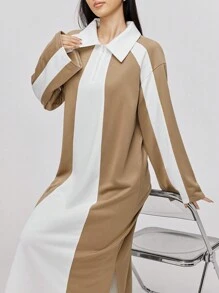Mulvari 女士宽松休闲长款 Polo 领撞色长袖连衣裙 - 彩色 - 查看 4