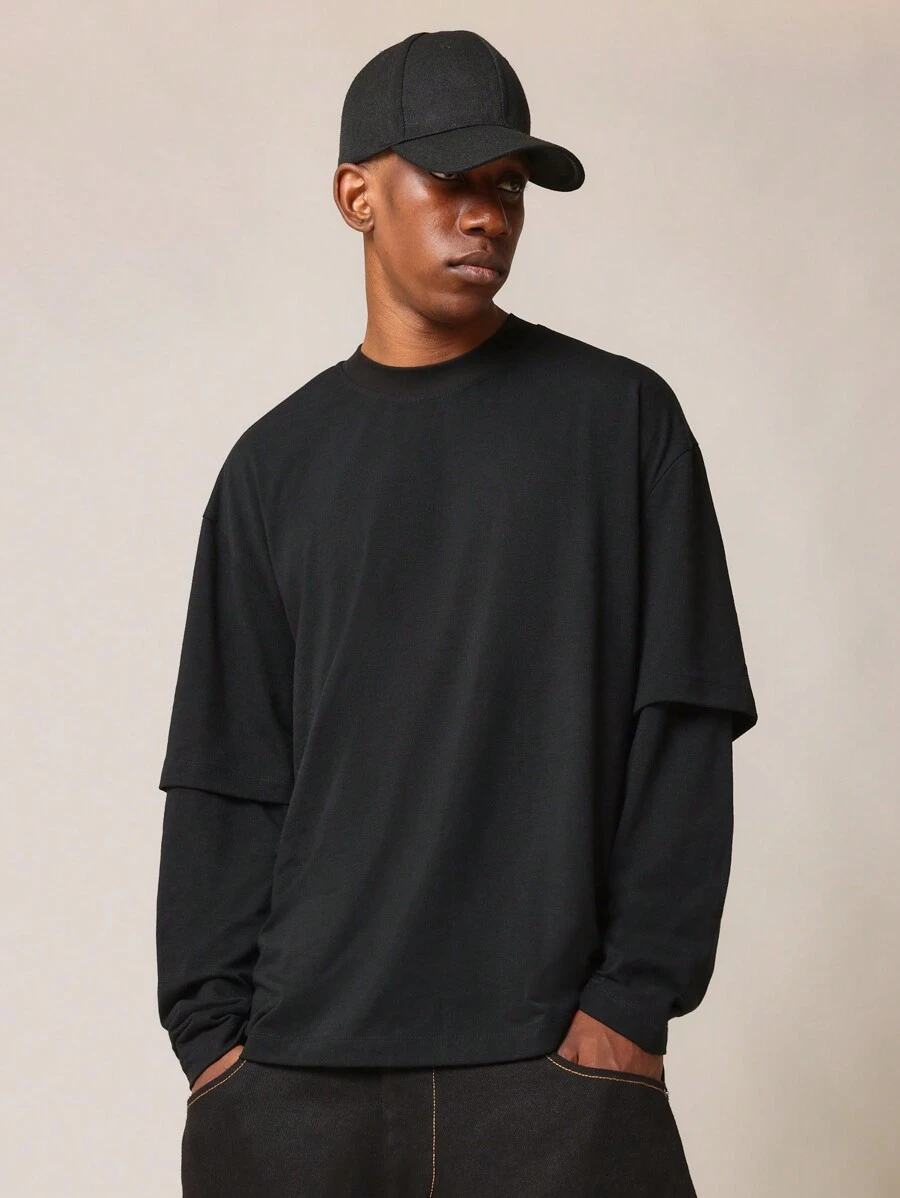 SUMWON Layered Double Sleeve Cotton T Shirt With Oversized Fit