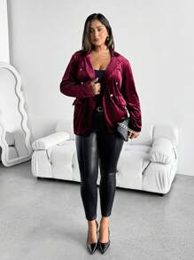 SHEIN Clasi Chaqueta blazer elegante con cuello de botón de terciopelo talla grande para mujer, ropa de Navidad