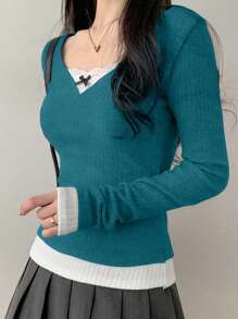 DAZY 女式 V 领蕾丝和蝴蝶结拼接拼色 T 恤，秋季服装长袖女式上衣