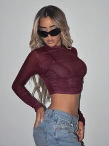 SHEIN ICON Mock Neck Ruched Mesh Perspective Crop Top Without Bra - Burgundy - View 5