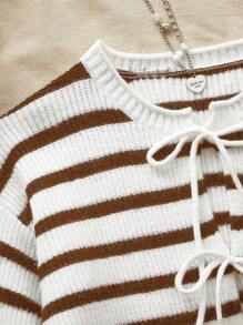 SHEIN VCAY Áo len cardigan thắt nơ cổ tròn tay dài cho nữ, trang trí nơ, mùa thu cho nữ - Cà phê nâu - Xem 4