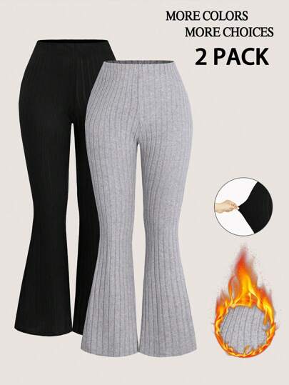 Franclia Plus Size Stretchy Knitted Flared Pants, Warm For Autumn & Winter Fall Cloth For Women