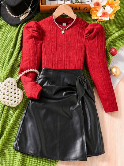 2 Peças Tween Girl Cor Sólida Texturizada Malha Gola Redonda Manga Gigot T-Shirt & Pu Mini Saia Elegante Roupa, Primavera Outono