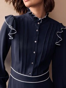 MOTF PREMIUM FRILL MOCK NECK CONTRAST PIPING RUFFLE TRIM FOLD PLEATED MIDI DRESS