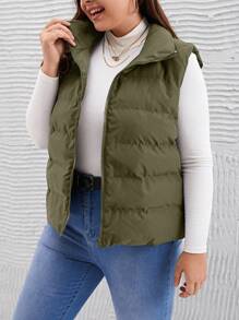 SHEIN LUNE Abrigo acolchado sin mangas de unicolor informal, para otoño/invierno, talla grande - Verde militar - Ver 6