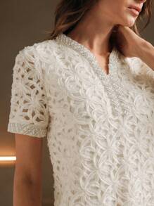 Anewsta 1pc French Romantic High-End Lady Style Handmade Beaded Dress, Autumn/Winter - Apricot - View 4