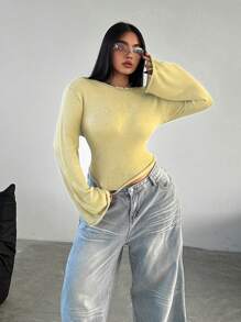 Flirla Plus Size Versatile Solid Color Flare Sleeve Sweater