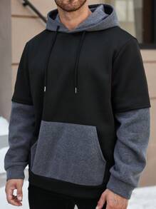 Manfinity Homme 大码男式纯色拼布印花休闲连帽衫 - 彩色 - 查看 3