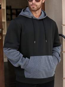 Manfinity Homme 大码男式纯色拼布印花休闲连帽衫 - 彩色 - 查看 4