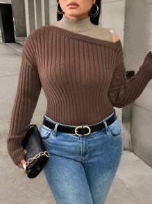 Calvaya 大码女装秋冬针织修身不对称镂空花卉装饰优雅微性感罗纹单不对称花卉拼接撞色落肩长袖圆领套头毛衣 - 棕色 - 查看 6