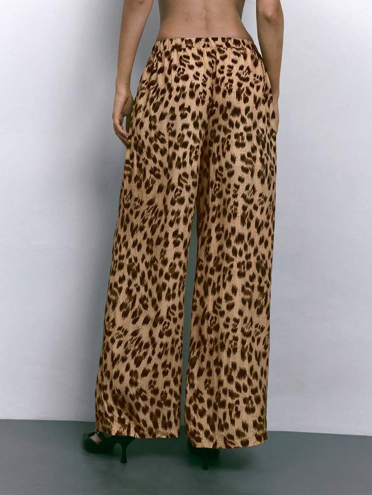 SHEIN Maija Women's Loose Fit Brown Leopard Print Pattern Simple Casual Long Pants With Pockets, Autumn/Winter