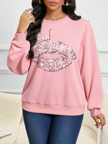 SHEIN Lady Autumn And Winter Pink Tracksuit Christmas Sweatshirt  Long Sleeve Graphic Sweatshirt Women's Sweatshirt Imitation Hot Diamond Printed Pattern Loose Sweatshirt Pink Elegant Women's Fashion Sweatshirt