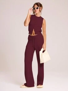 MUSERA Knitted Button Through Sweater Vest Spring Y2K 90's Casual Cute Airport Holiday Summer Winter Everyday Office  Work Party  Chic Valentines Day - Burgundy - View 4