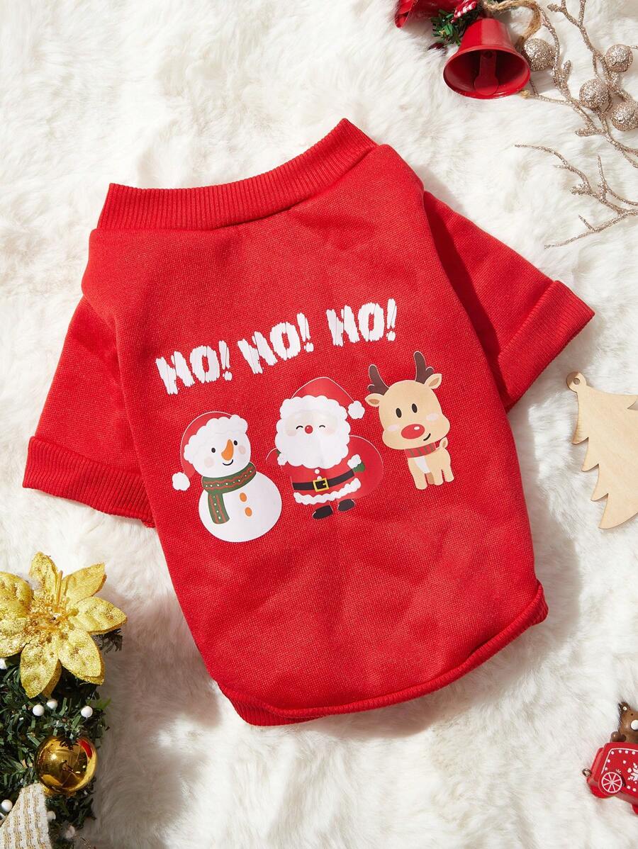 PETSIN 1件宠物圣诞节“Hohoho”卡通印花可爱红色抓绒套头衫 - 彩色 - 查看 1