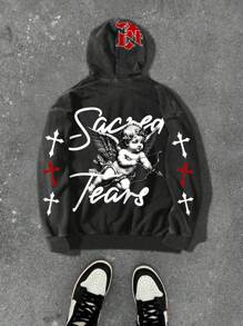 Manfinity EMRG 男士街头风格 Sacred Tear Cross 水洗连帽卫衣，外出复古拉链图案长袖拉链连帽衫，适合送给朋友、丈夫、男朋友的礼物，男士街头风连帽衫，街头服饰，男士连帽衫 - 黑色 - 查看 1