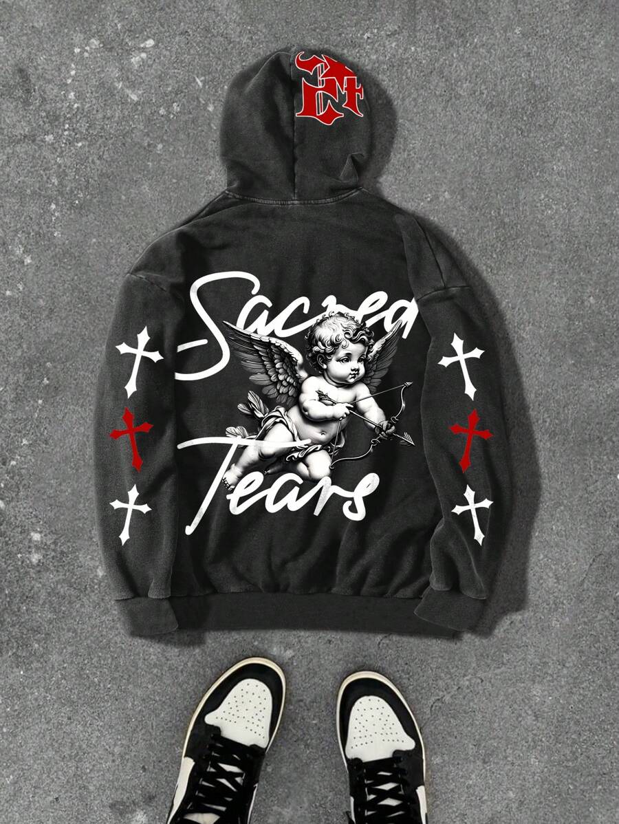 Manfinity EMRG 男士街头风格 Sacred Tear Cross 水洗连帽卫衣，外出复古拉链图案长袖拉链连帽衫，适合送给朋友、丈夫、男朋友的礼物，男士街头风连帽衫，街头服饰，男士连帽衫 - 黑色 - 查看 1