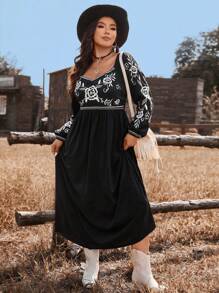 SHEIN VCAY Plus Size Casual Floral Print Sweetheart Neck Dress, Suitable For Autumn Everyday Wear - Black - View 5