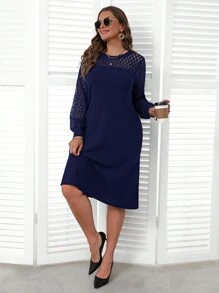 EMERY ROSE Plus Size Women's Solid Color Round Neck Contrast Lace Long Sleeve Straight Elegant Fall Dress