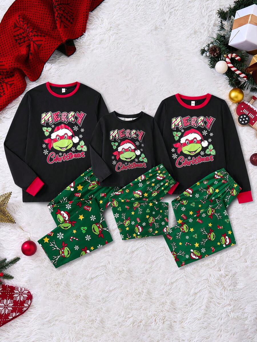 TEENAGE MUTANT NINJA TURTLES | SHEIN Women's Christmas Cartoon Letter Print Long Sleeve Top And Long Pants Pajama Set Clothes