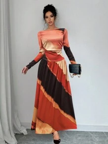 SHEIN Clasi 扎染随机印花褶饰喇叭休闲连衣裙 - 彩色 - 查看 1