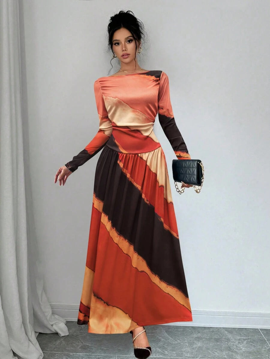 SHEIN Clasi 扎染随机印花褶饰喇叭休闲连衣裙 - 彩色 - 查看 1