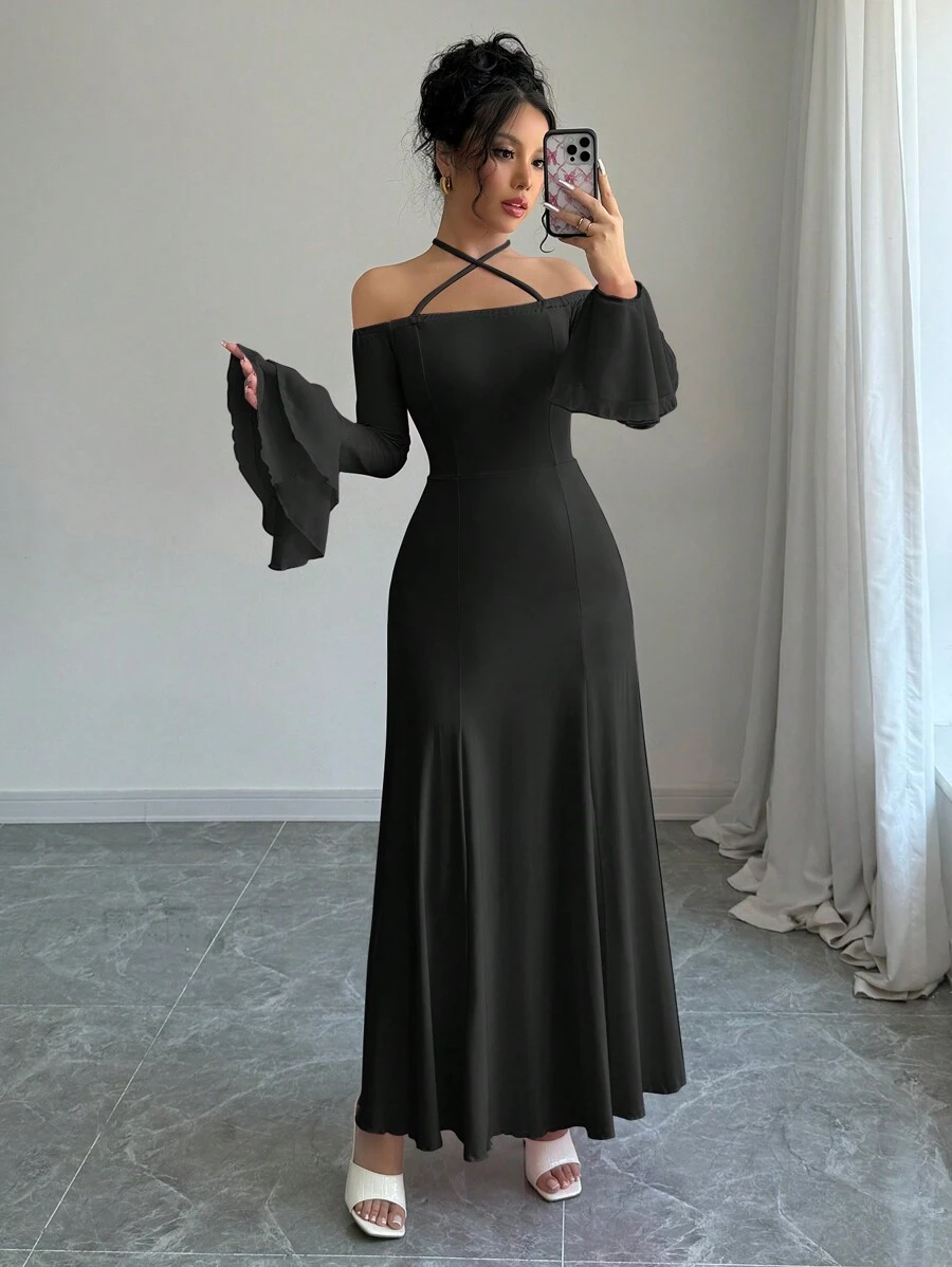 Elenzga Đầm Maxi Cổ Gập Tay Loe Xếp Ly Màu Trơn Thanh Lịch, Trang Phục Thu Cho Nữ - màu đen - Xem 1