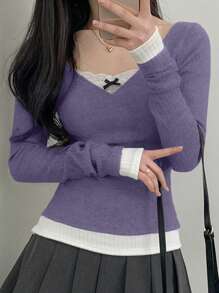 DAZY 女式 V 领蕾丝蝴蝶结拼布撞色 T 恤，秋季服装 - 紫色 - 查看 2