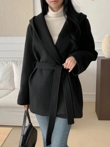 DAZY 女士休闲纯色连帽大衣，秋冬女装夹克，秋季女装 - 黑色 - 查看 2