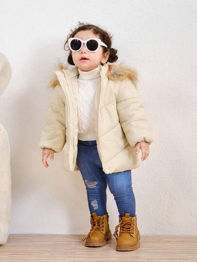 SHEIN Baby Girls Söt varm termofodrad enfärgad vadderad med huva, höst/vinter