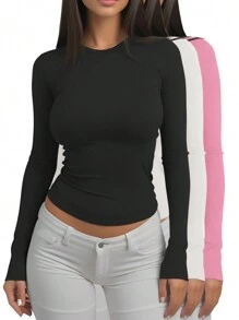 INAWLY Solva Áo thun nữ dài tay cổ tròn màu trơn, ôm dáng, thích hợp cho mùa thu xuân. - Nhiều màu - Xem 3