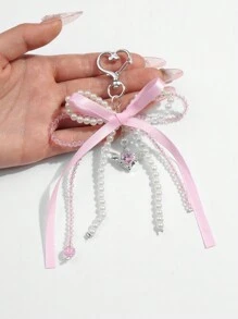 ROMWE Kawaii 1 pièce Élégant Casual fait main Perle blanche en cristal perle rose ruban nœud papillon ailes cœur pendentif porte-clés et porte-clés, convient pour les femmes, port quotidien ou cadeaux de la Saint-Valentin