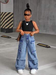 SHEIN Quần jeans cargo ống rộng, nhiều túi, phong cách Y2K dành cho bé gái tuổi teen, thích hợp cho mùa thu đi học. - Rửa trung bình - Xem 3