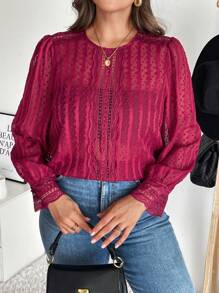 SHEIN Frenchy Plus Solid Fall Lantern Sleeve Blouse Without Cami Top,Lace,Long Sleeves,Date Night