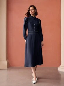 MOTF PREMIUM FRILL MOCK NECK CONTRAST PIPING RUFFLE TRIM FOLD PLEATED MIDI DRESS