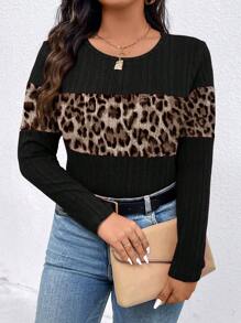EMERY ROSE Plus Size Women Leopard Print Patchwork Fluffy Soft Slim Fit Crew Neck Long Sleeve T-Shirt, Autumn Graphic Cheetah Print Tees Women Tops For Spring Fall Cloth For Women - Black - View 5