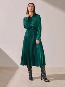 BizChic 绿色缎面褶皱长袖连衣裙，节日感恩节/圣诞节服装，女士办公室服装，春夏 - 綠色 - 查看 7